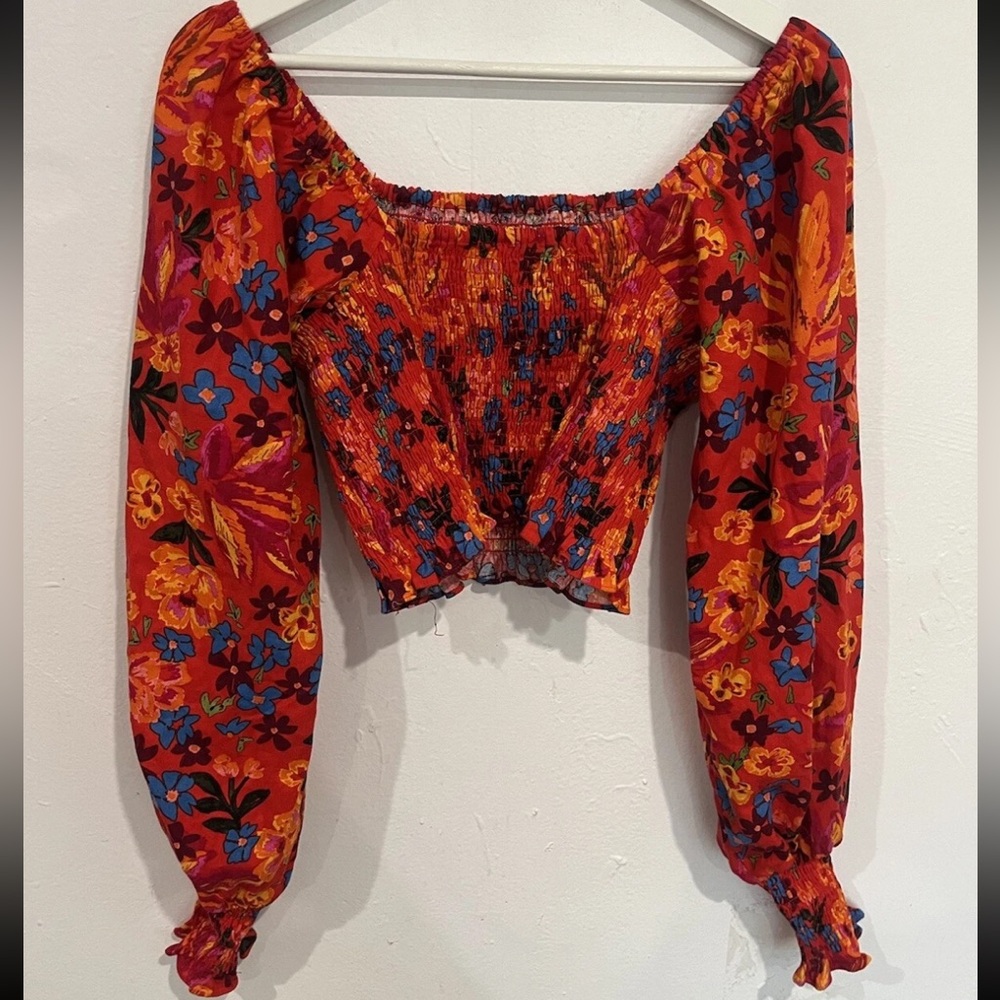 MAISON D'AMELIE Paris Boho Chic Linen Smocked Crop Top Orange Floral Medium - Picture 5 of 5